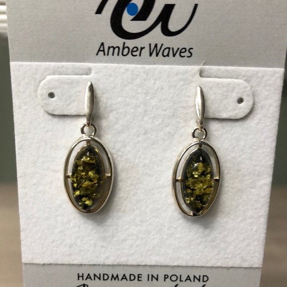 Green Baltic Amber Drop Earrings Sterling Silver Dangle - Picture 8 of 9